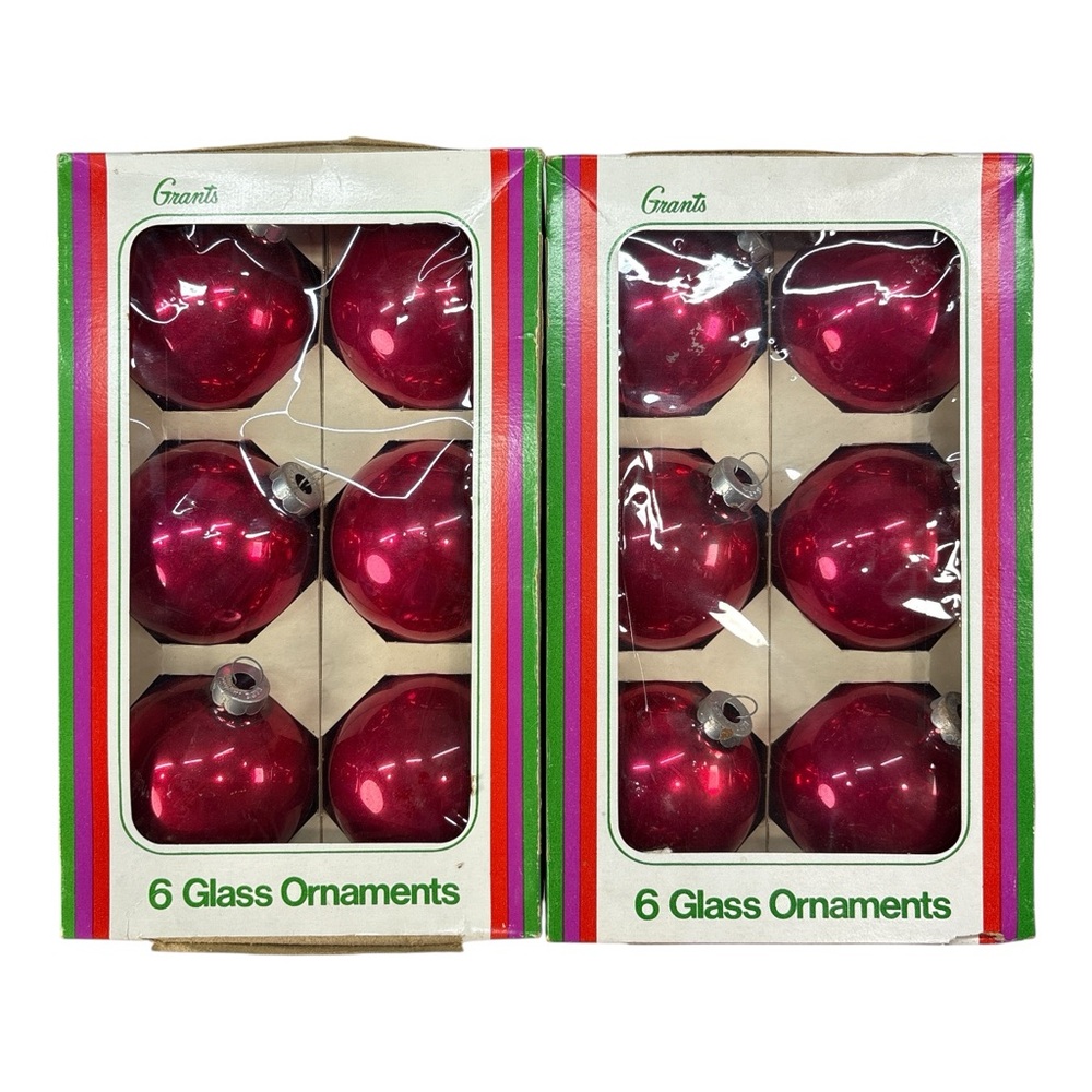 Vintage 2.5" Grants Christmas Shoppe 12 Red Mercury Glass Balls Ornaments USA